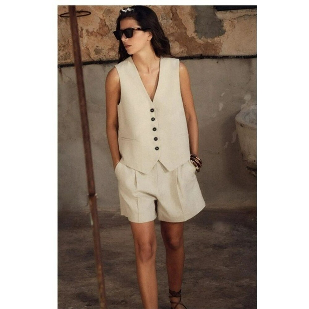 Zara Linen Blend Vest Womens XL Natural Preppy Resort Old Money‎